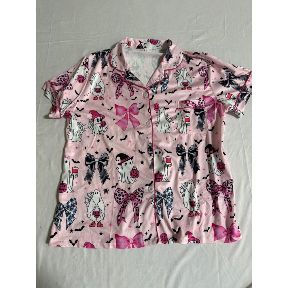 Pink Halloween Ghost Bow Pajama Set Short Sleeve Button Down Shorts Womens Large - Picture 2 of 11